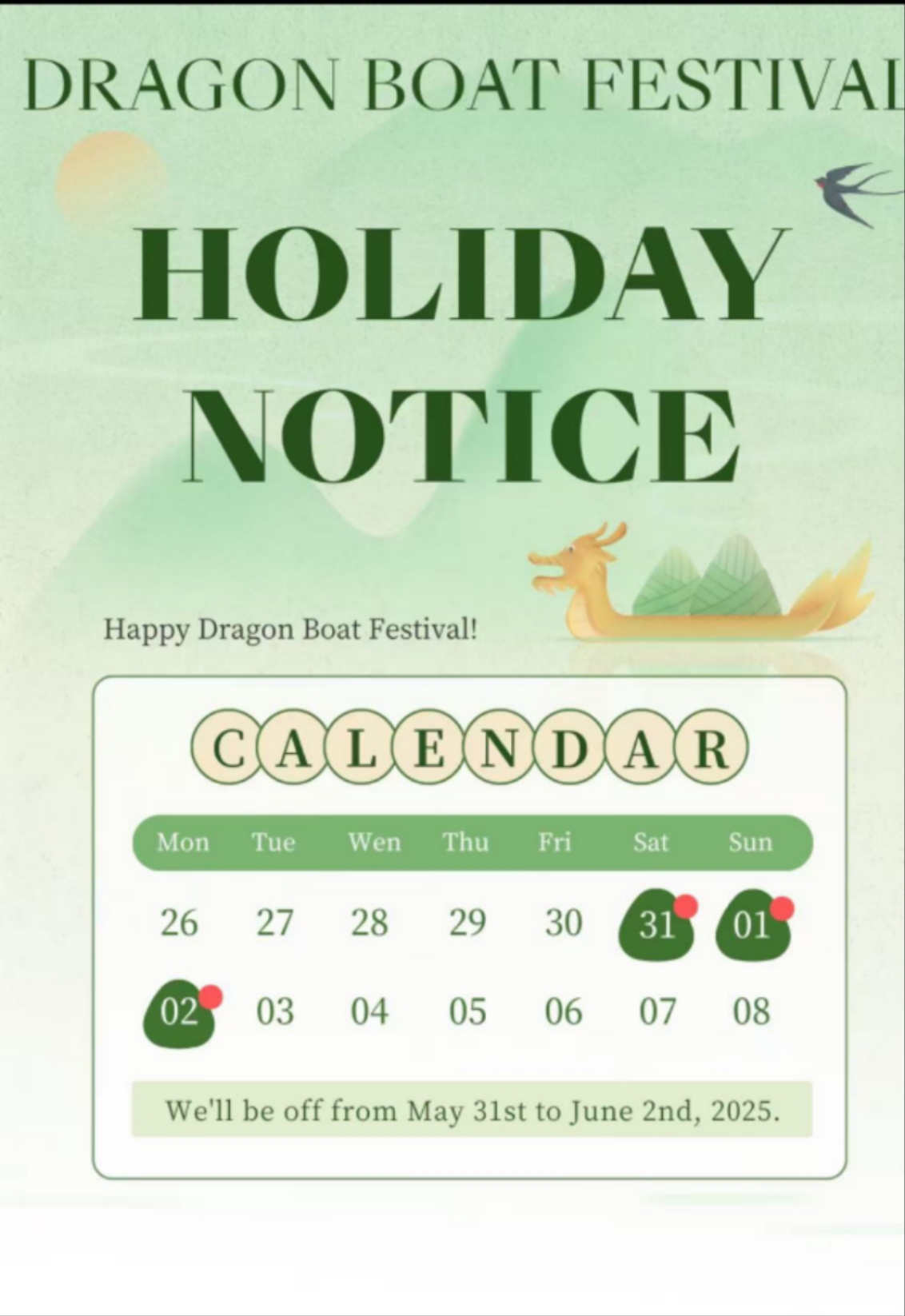 Chinese Dragon Boat Festival Holiday Notice